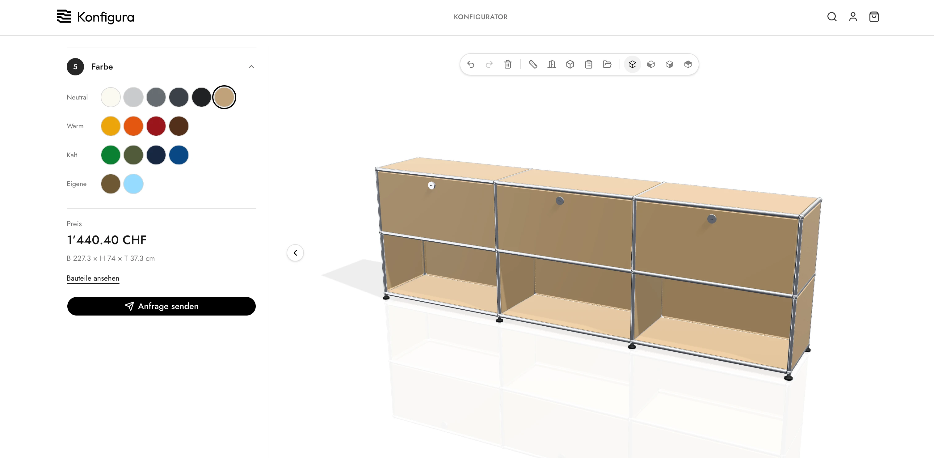 Kompletter Konfigura-Konfigurator mit geöffneter Farbauswahl und einem beigefarbenen USM-Modulschrank in 3D