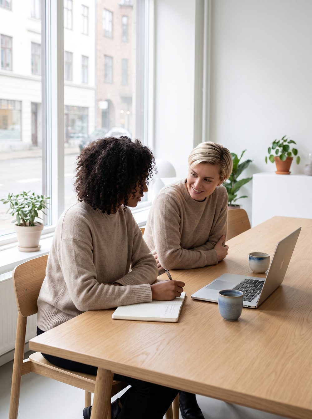 Zwei Personen besprechen ein Projekt am hellen Tisch (Beispielbild)
