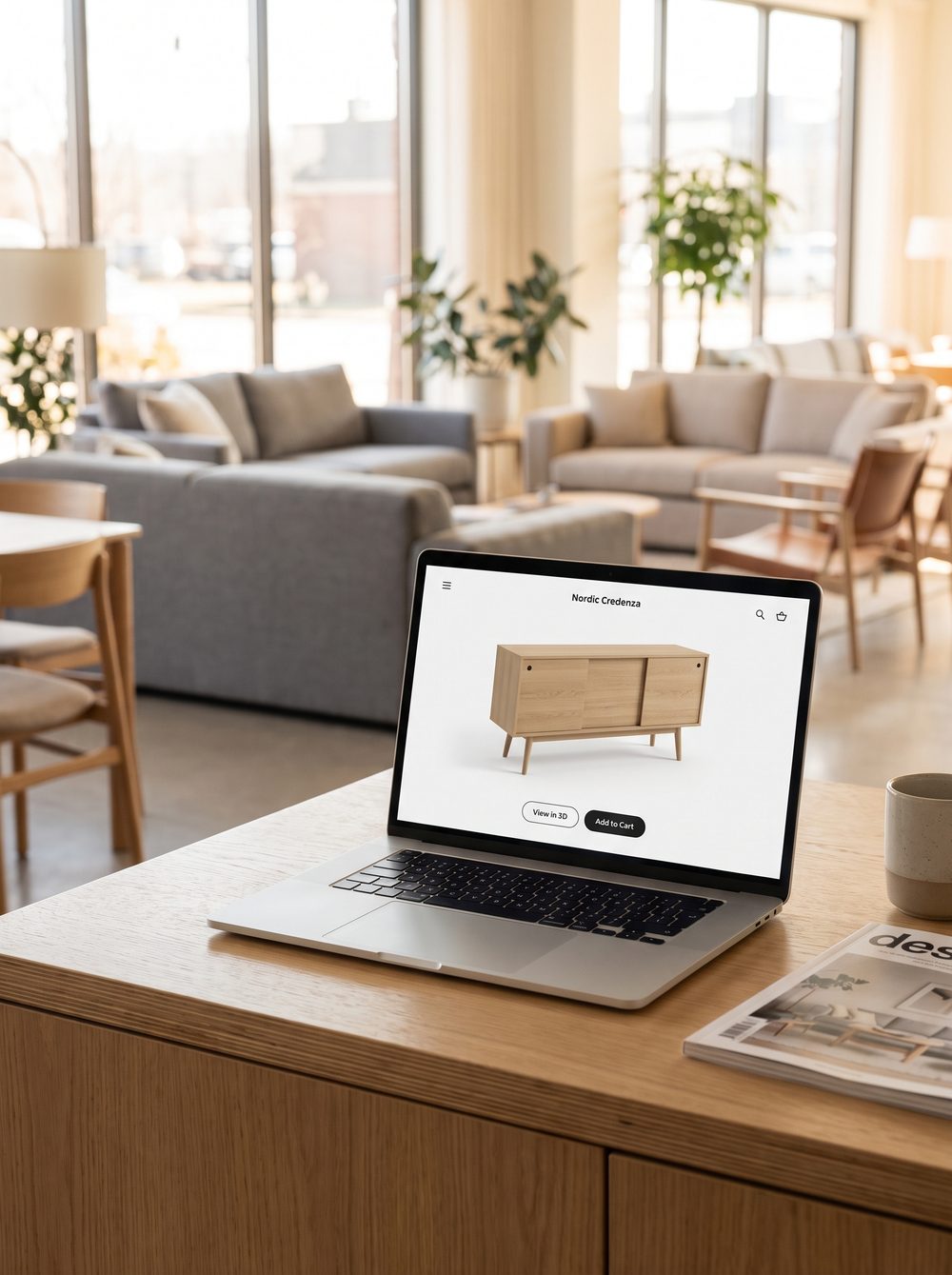 Laptop mit Produktseite in einem hellen Ausstellungsraum (Beispielbild)