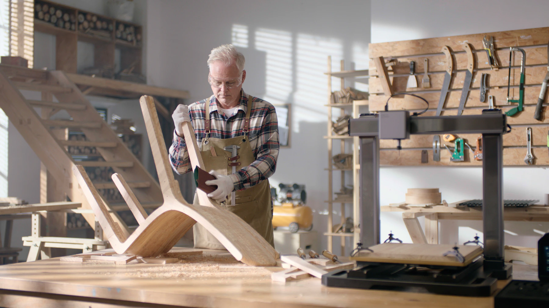 Handwerker prüft Holzbauteile bei der Möbelfertigung