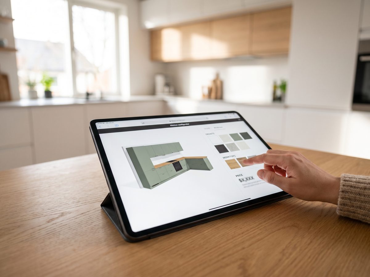 Küchenkonfigurator auf einem Tablet in einem hellen Küchenstudio: Fronten und Arbeitsplatten zur Auswahl