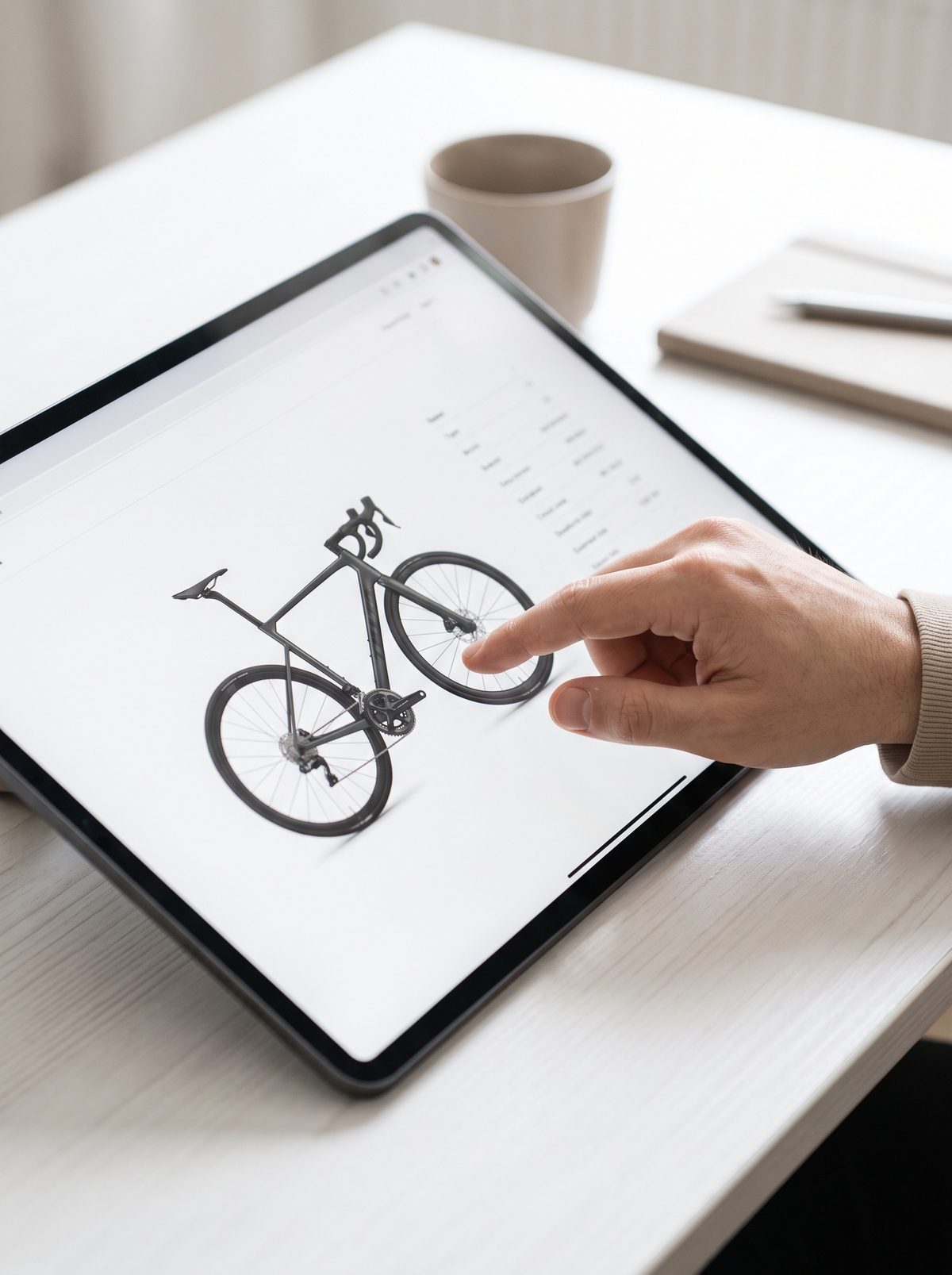 Hand konfiguriert ein Velo in 3D auf dem Tablet (Beispielbild)