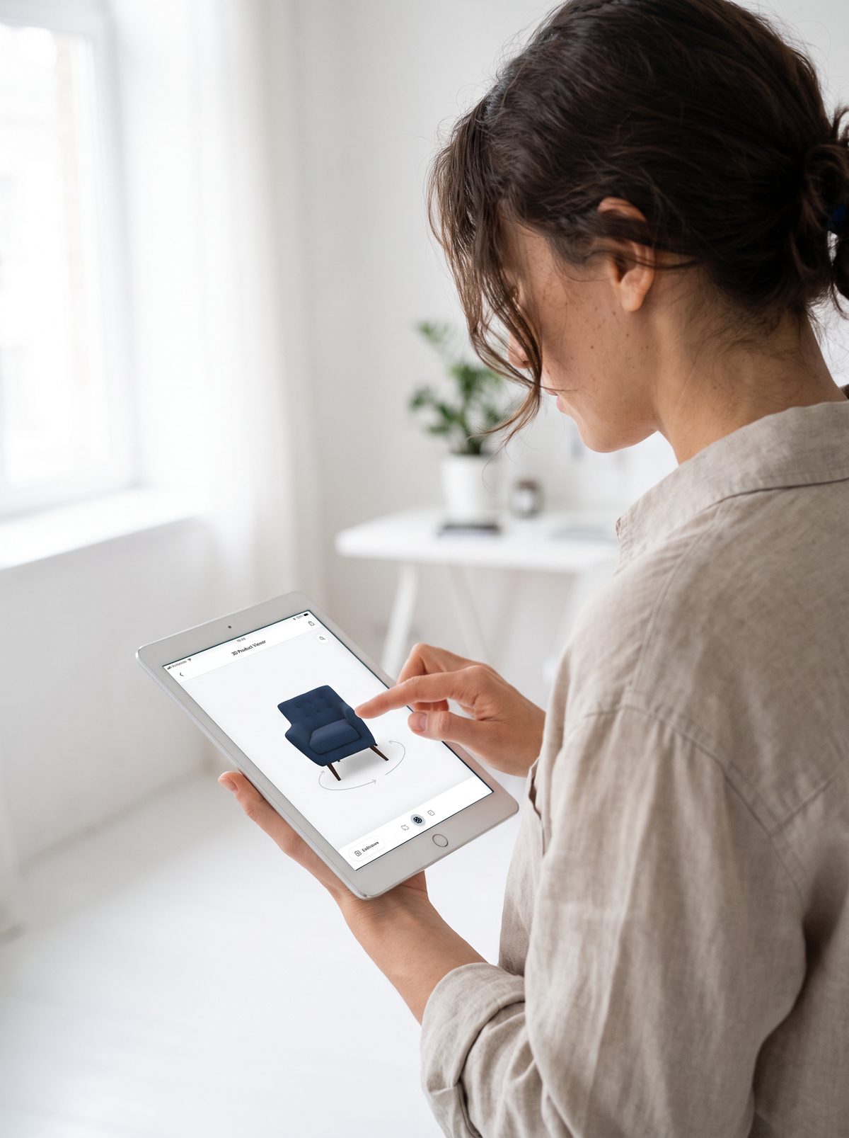 Frau betrachtet einen blauen Sessel als 3D-Modell auf dem Tablet (Beispielbild)