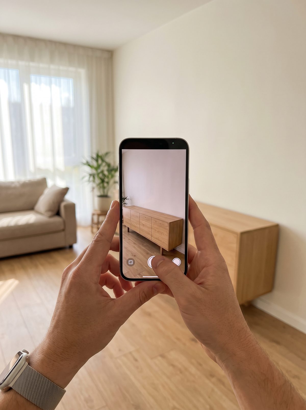 Smartphone platziert ein Sideboard per AR im Wohnzimmer (Beispielbild)