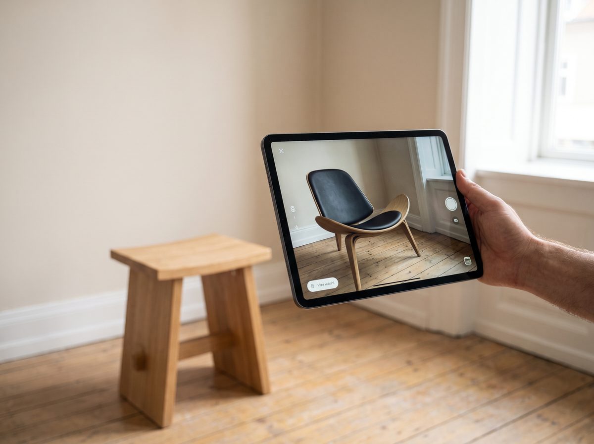 Hand hält ein iPad mit einem Sessel in Augmented Reality über einem Hocker (Beispielbild)