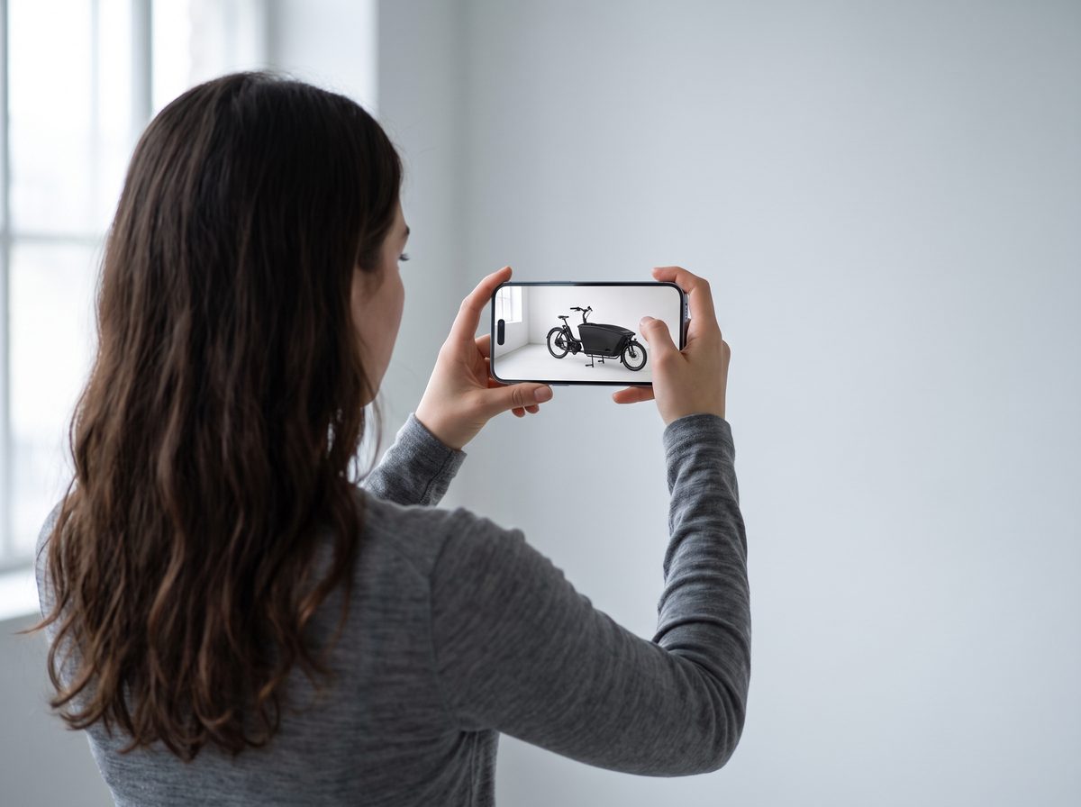Frau betrachtet ein Cargo-Velo in Augmented Reality auf dem iPhone (Beispielbild)