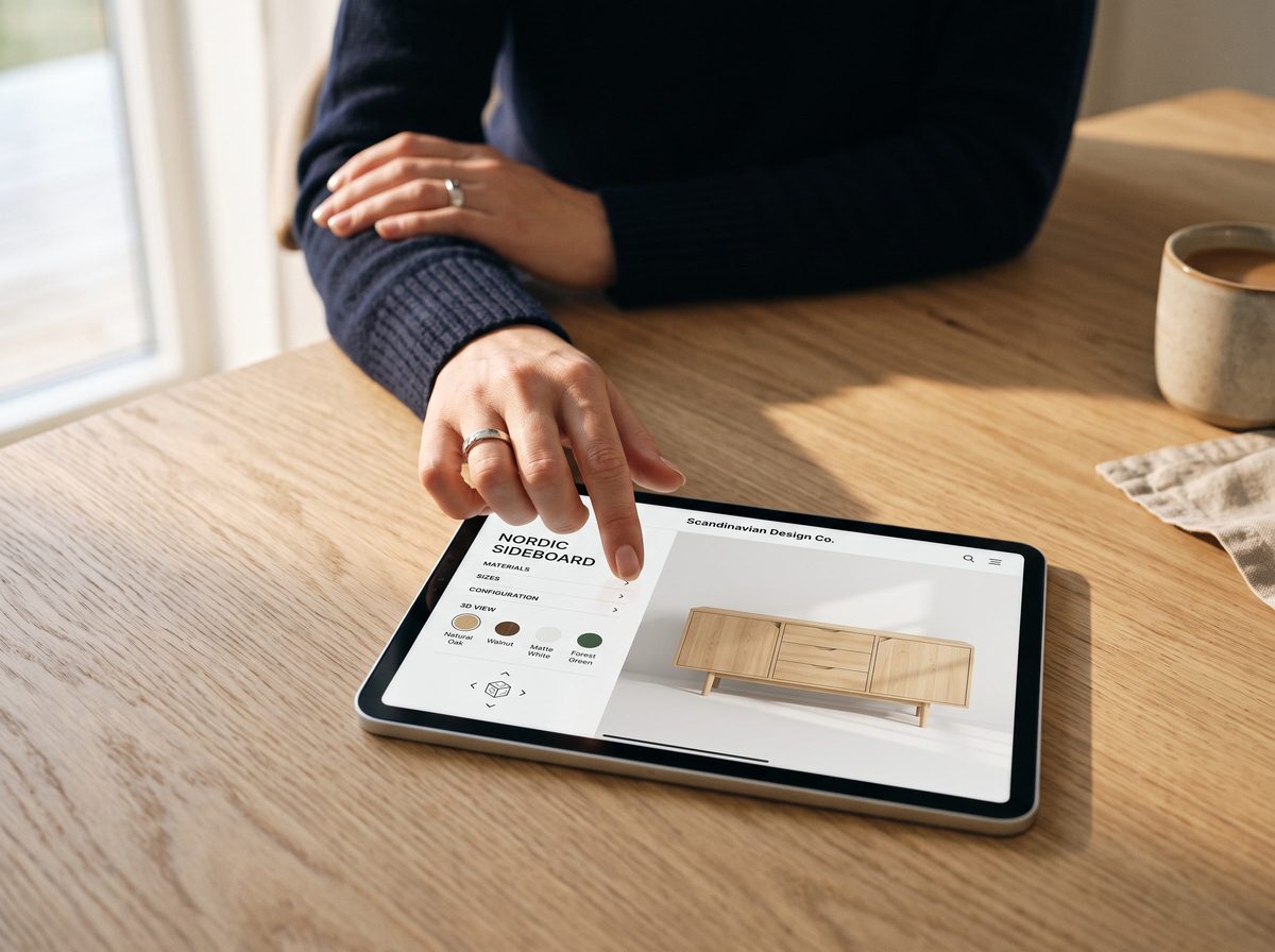 Hand tippt auf ein Tablet mit einem 3D-Möbelkonfigurator (Beispielbild)